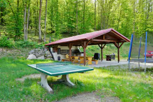 stolní tenis, trampolína a pergola s letní kuchyní