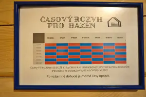 časový rozvrh pro využívání wellness zóny - modrá barva je aktuální pro tuto část chaty