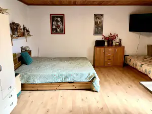 obytná ložnice s dvojlůžkem a lůžkem